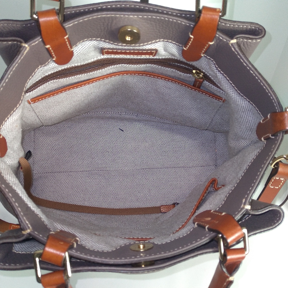 Authentic Dooney & Bourke Brenna Pebble Grain Grey & Brown Leather  Satchel - Picture 3 of 16